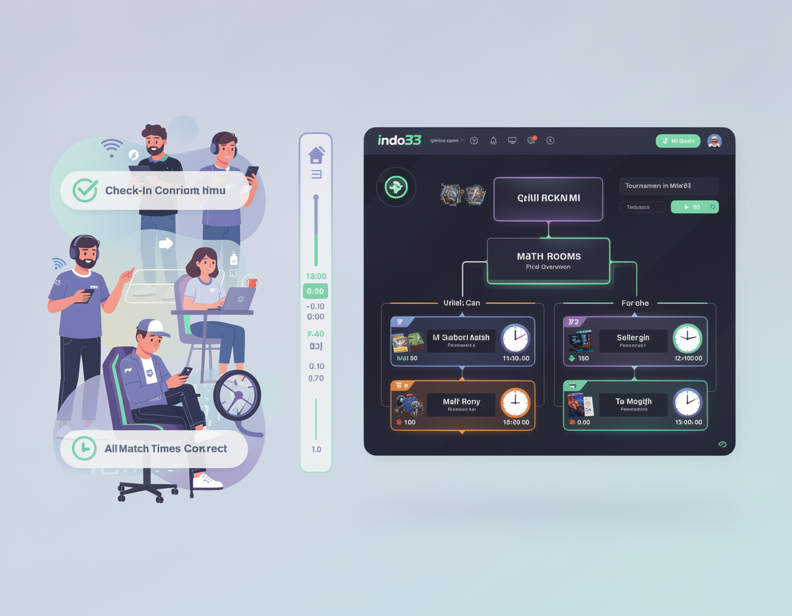 Ilustrasi alur check-in match tanpa salah jam untuk turnamen game online indo33 dengan bracket dan room match